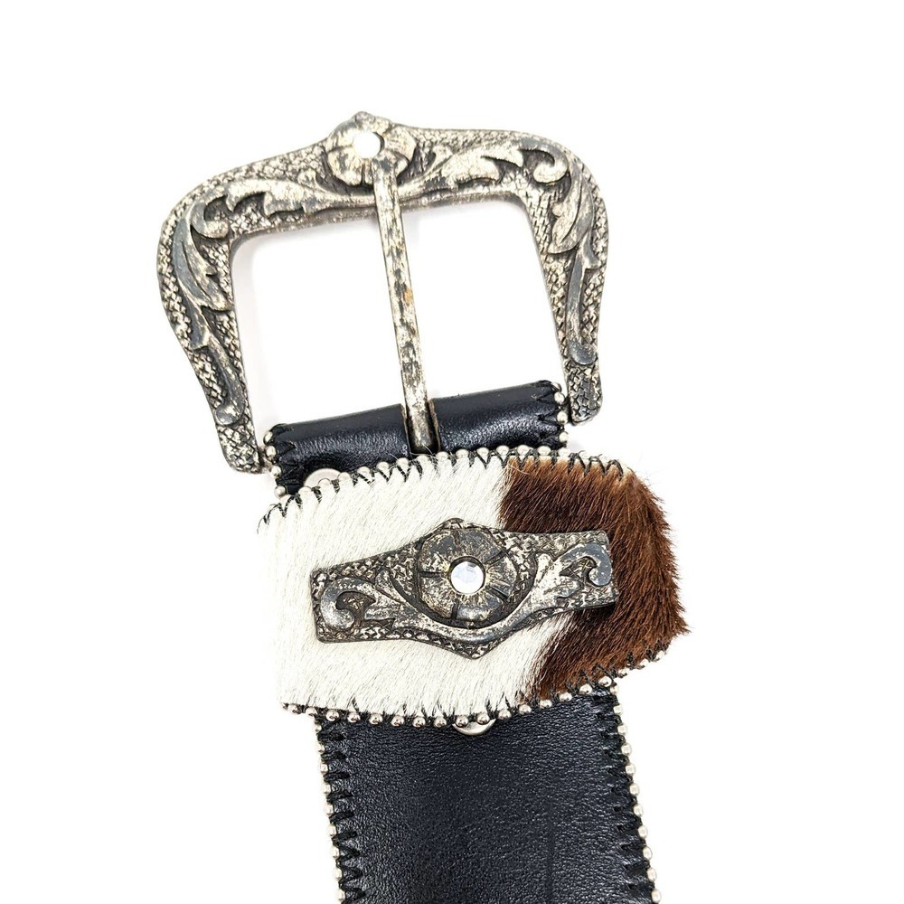 Leather Fur Rhinestone Western Belt Womens Medium Boho Black Brown White - Picture 3 of 7